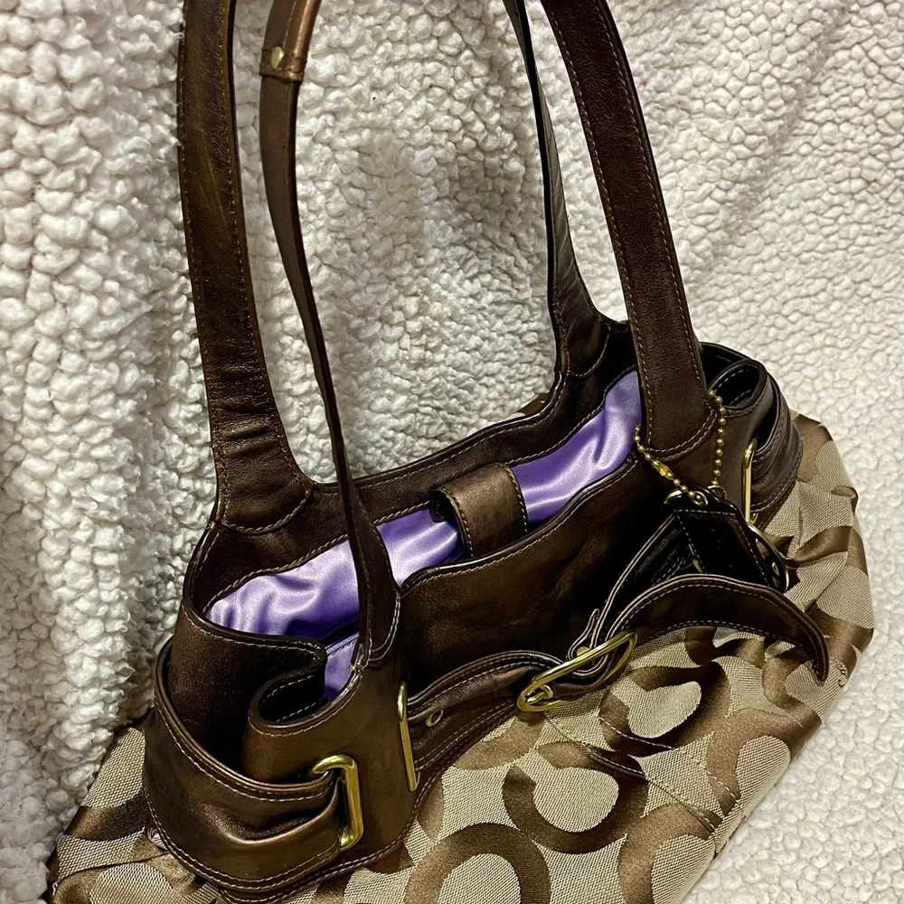 Coach Hobo Bronze Leather Signature Op Art Tote Bag With Hang Tags Y2K - Picture 5 of 16